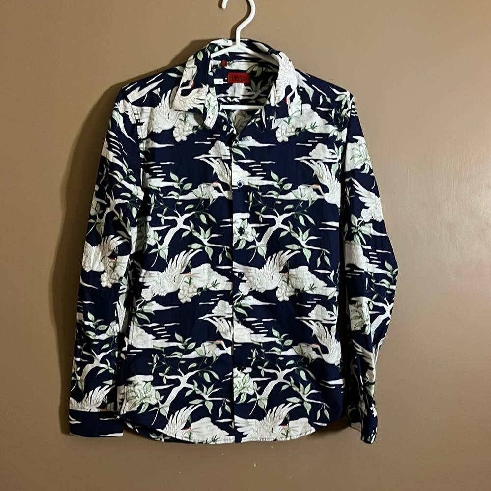 😄Long sleeve cotton shirt birds trees l2